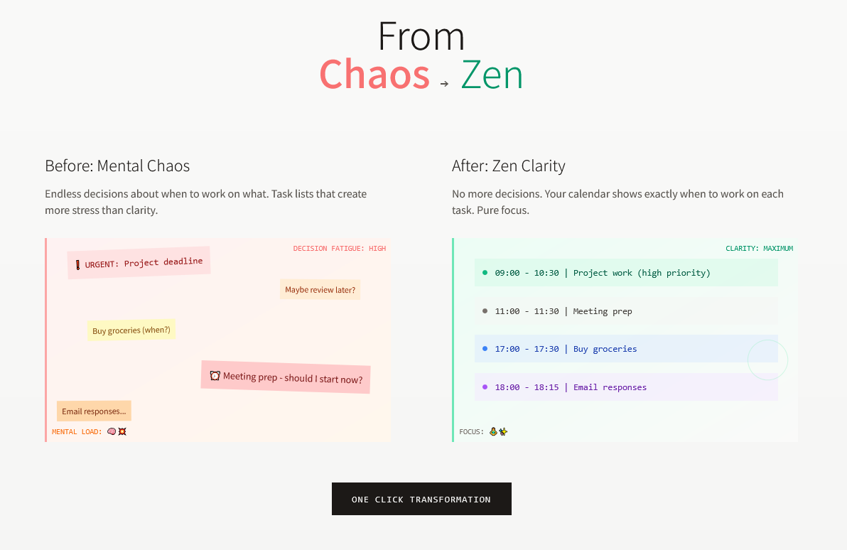 Auto-Scheduler showing transformation from chaos to zen